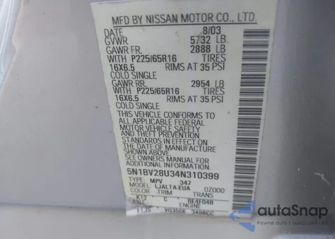 2004 Nissan Quest S/Se/Sl z USA, uszkodzony, nr VIN 5N1BV28U34N310399